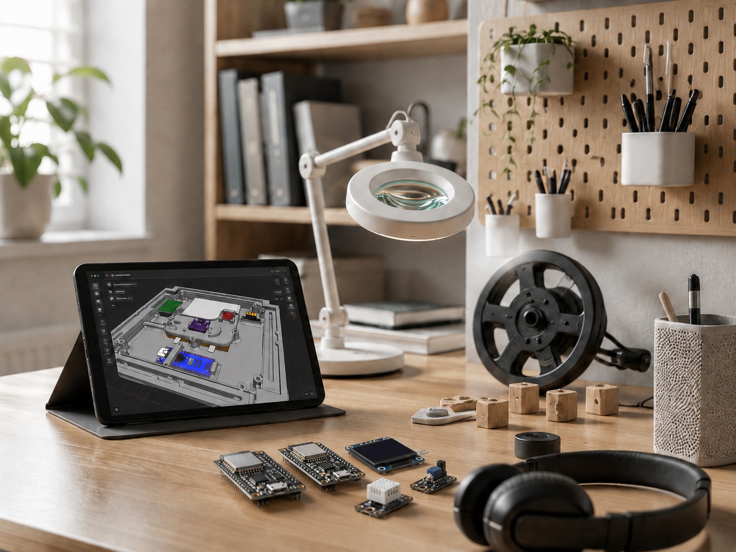 Technischer Arbeitsplatz mit Tablet, abstrahierter CAD-Darstellung, ESP32-Controllern, kleinen Displays, Sensoren, Vergrößerungsleuchte und Kopfhörern
